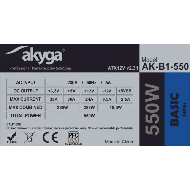Akyga Basic AK-B1-550 ATX-voeding 550 W, 120-mm-ventilator, passieve PFC, grijs