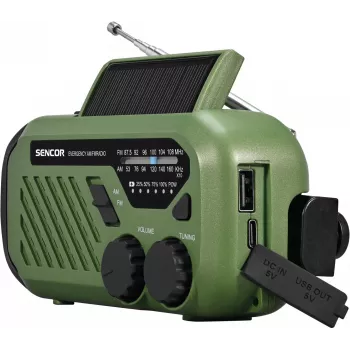 Draagbare UKW/MW-radio SENCOR SRD1000SCLGR met Bluetooth, solar-/slinger-/USB-C-laden, 2000mAh-accu, IPX4, LED-lampen