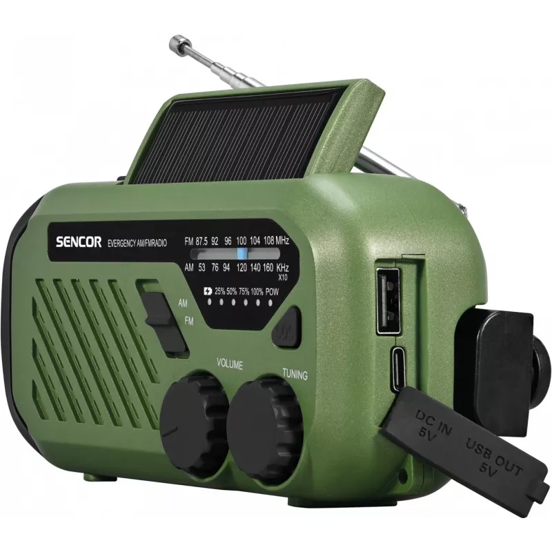 Draagbare UKW/MW-radio SENCOR SRD1000SCLGR met Bluetooth, solar-/slinger-/USB-C-laden, 2000mAh-accu, IPX4, LED-lampen