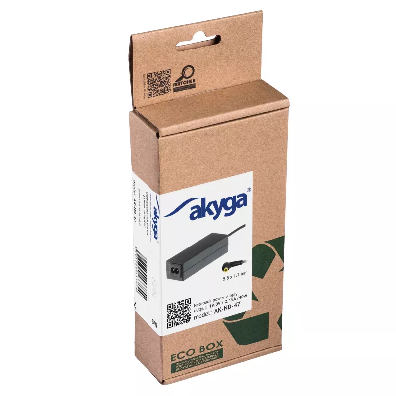 Akyga AK-ND-47 notebookvoeding voor Acer, 40 W, 19 V / 2,15 A, 5,5 x 1,7 mm
