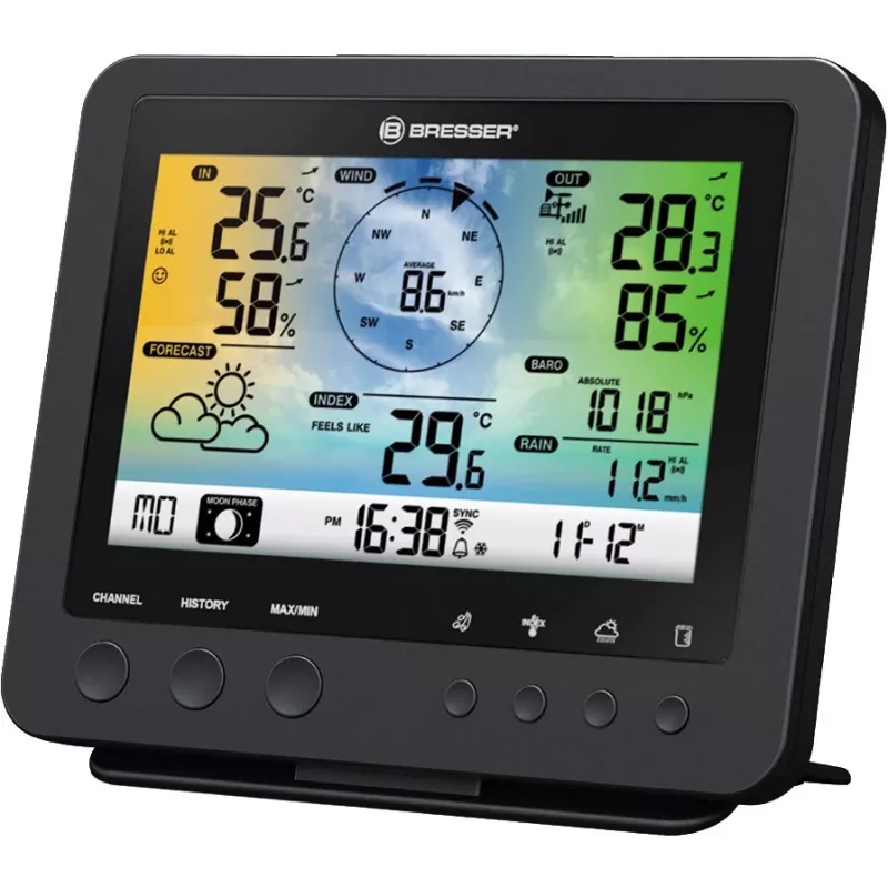 Bresser 7002580 Weather Center 5-in-1 digitaal wifi-weerstation met professionele sensor, 5,7″ display, netvoeding, zwart