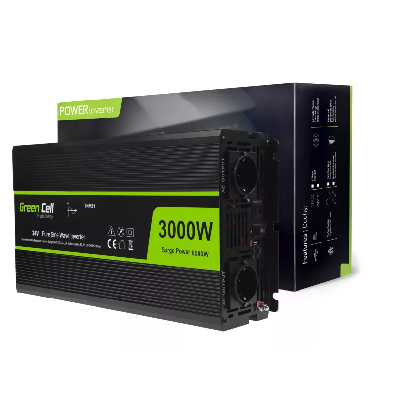 Auto-omvormer Green Cell INV21 6000 W, 24V DC-AC, 230V uitgang, 2x USB PD, actieve koeling, afneembare DC-stekkers, zwart