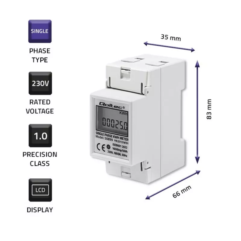 Eenfasige energieverbruiksmeter QOLTEC 50899 230 V 50 Hz, 5(60)A, klasse 1.0, LCD