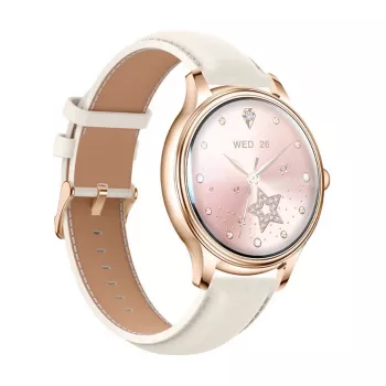 Smartwatch Colmi L28 met gouden behuizing en gouden lederen band