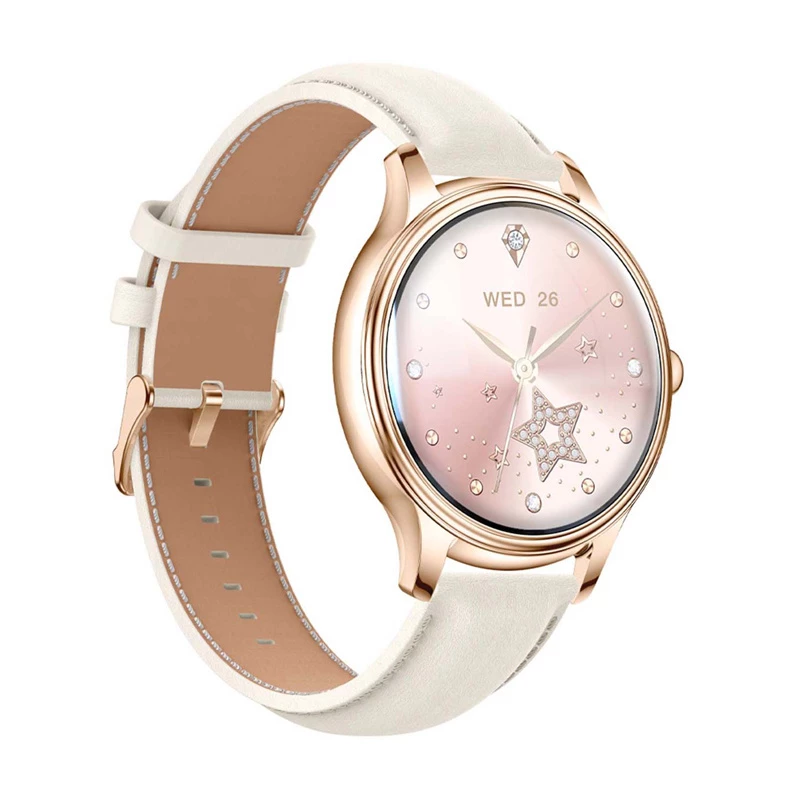 Smartwatch Colmi L28 met gouden behuizing en gouden lederen band