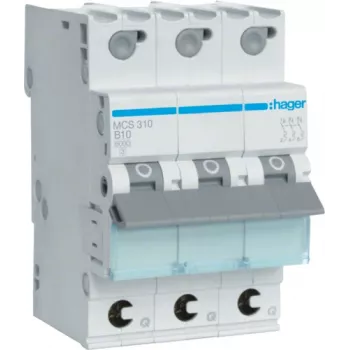 Hager MCS310. Nominale stroom: 10 A. Type: C-karakteristiek, aantal modules (max.): 3 modules. Breedte: 52,5 mm, diepte: 70 mm, hoogte: 83,4 mm (MCS310)