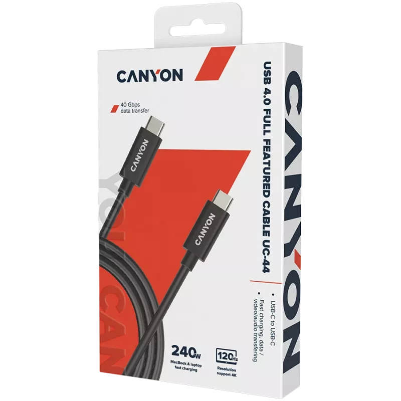 CANYON UC-44, kabel, U4-CC-5A1M-E, USB4 Type-C naar Type-C kabel 40G 1m 5A 240W(ERP) met E-MARK, CE, ROHS, zwart