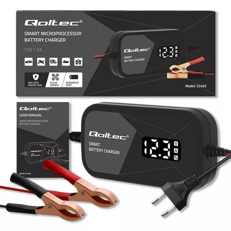 Batterijlader QOLTEC 52492 12V 2A met microprocessorsturing en celregeneratie