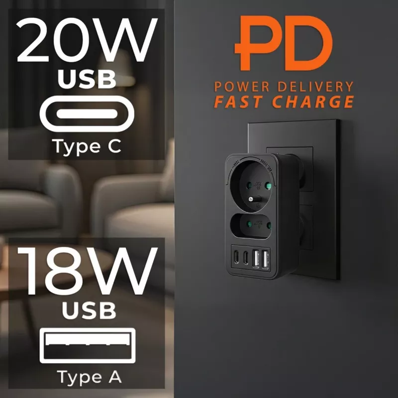 Power splitter MACLEAN MCE249 F/B – 2 AC-stopcontacten (16A + 6A) met 2×USB-A en 2×USB-C PD 20W, EU-stekker, zwart