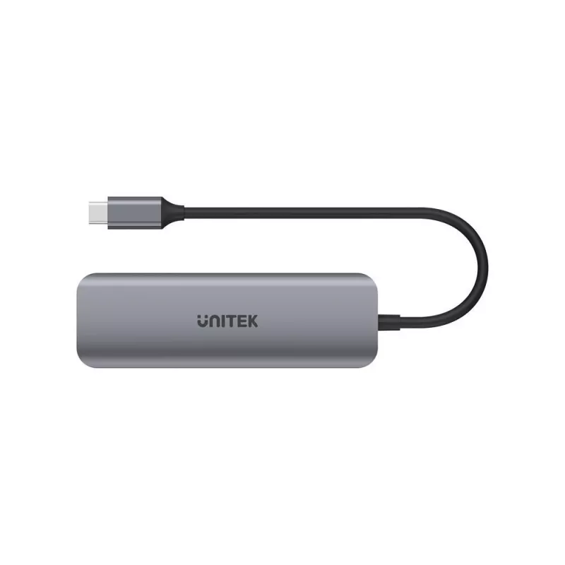 USB-hub Unitek P5+ — 5 poorten (4 × USB 3.2 Gen 2 Type-A), USB 3.2 Gen 1 host, 5 Gbit/s, 10 W PD, aluminium, grijs