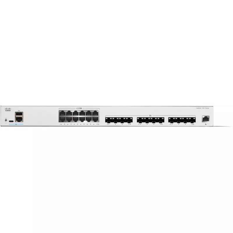 Cisco Catalyst C1300-24XTS beheerbare L2/L3-switch, 24 poorten (12x 10GE RJ-45 + 12x 10GE SFP+), 480 Gbit/s, RJ-45/USB-C-console, MAC-tabel van 16.000, rackmontage
