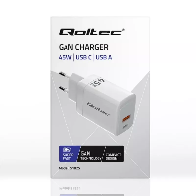 GaN 45W oplader 5V 20V 1,5A 3A, 1x USB-C PD, 1x USB-A