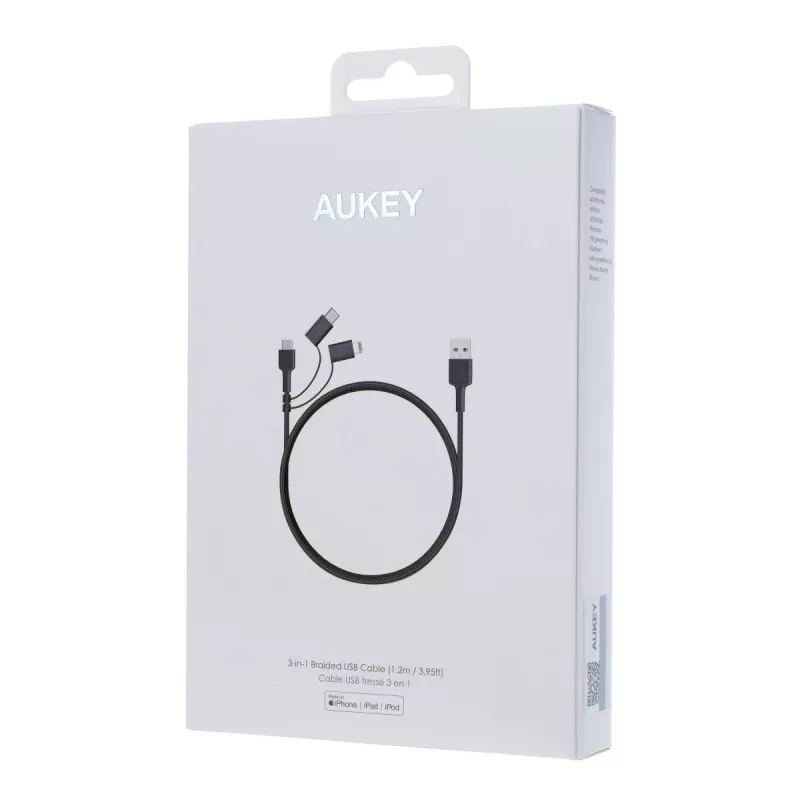 AUKEY CB-BAL5 3-in-1 gevlochten kabel, Micro USB / USB-C / Lightning, 1,2 m, zwart
