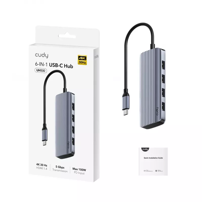 USB-C-hub Cudy UH500 — USB 3.2 Gen 1 Type-C-host, 6 aansluitingen met USB 3.2 Gen 1 Type-A en HDMI, 5000 Mbit/s, grijs/zilver