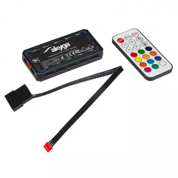 Akyga AK-CA-73 RGB-ventilatorcontroller met afstandsbediening, 12 aansluitingen (10 ventilatoren + 2 LED-strips), Molex-stroomvoorziening