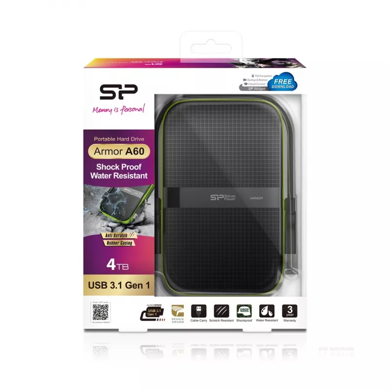 SILICON POWER Armor A60 - harde schijf - 4TB - extern (draagbaar) - 2.5 (6,4 cm) - USB3.0 - zwart (SP040TBPHDA60S3K)