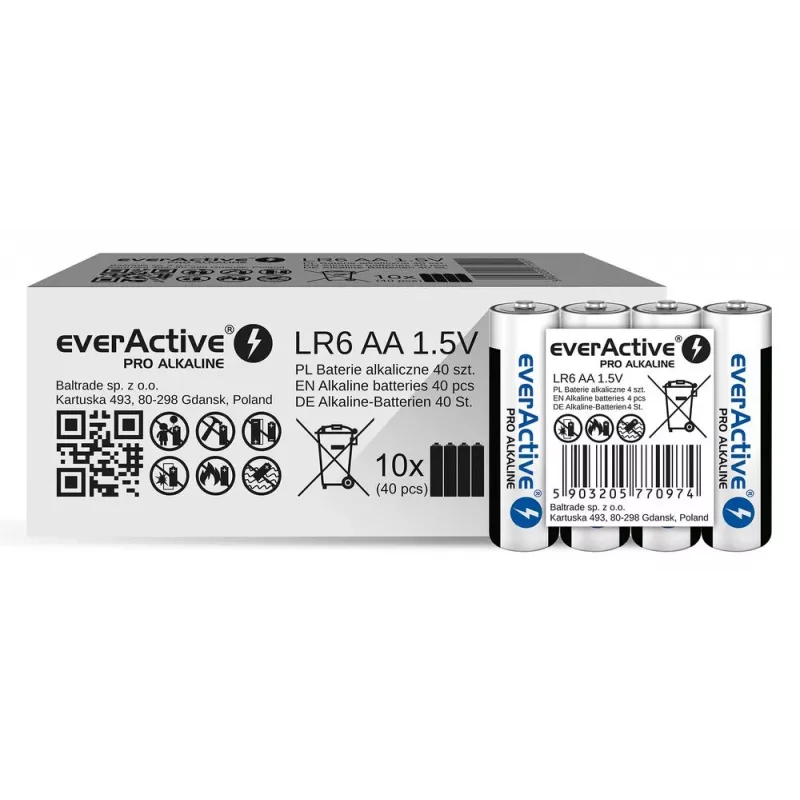 Alkalinebatterijen everActive LR6 AA 4-pack — 1,5 V, 3000 mAh, 50,5 × 14,5 mm