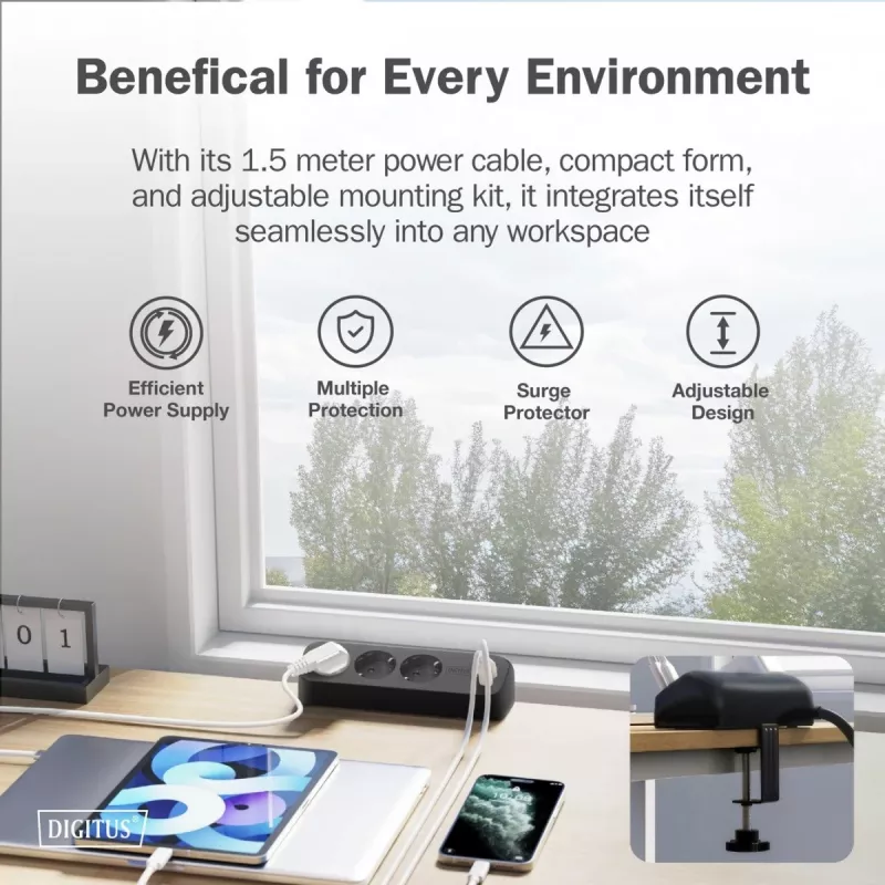 Meervoudig stopcontact DIGITUS 3-voudig met 2×USB-A & 1×USB-C, 3 AC-stopcontacten type E/F, 1,5 m kabel, zwart