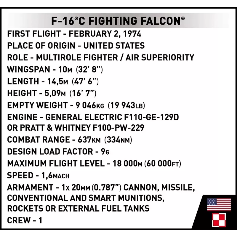 Constructieset Cobi F-16C Fighting Falcon – 463 onderdelen, modelbouwpakket op schaal