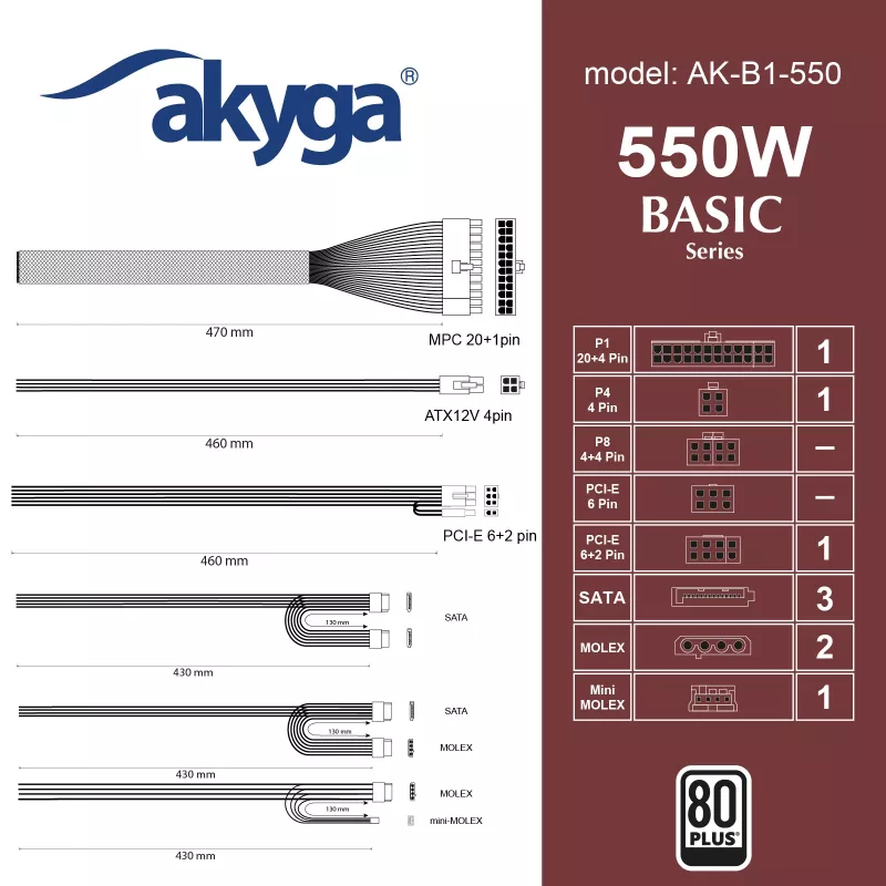 Akyga Basic AK-B1-550 ATX-voeding 550 W, 120-mm-ventilator, passieve PFC, grijs