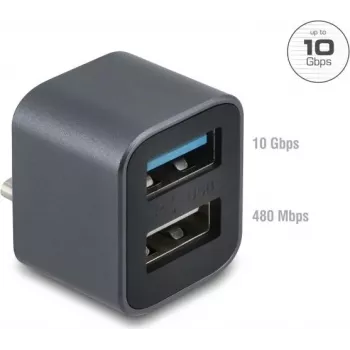 DELOCK mini USB-hub USB Type-C-stekker naar 1x USB 10 Gbps Type-A en 1x USB 2.0 Type-A (model 64359)
