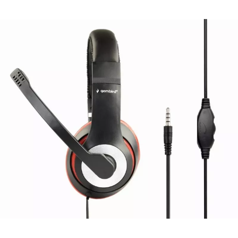 Bedrade gaming-headset GEMBIRD MHS-03-BKRD — binaural, omsluitend, 3,5 mm, 1,8 m kabel, rood/zwart