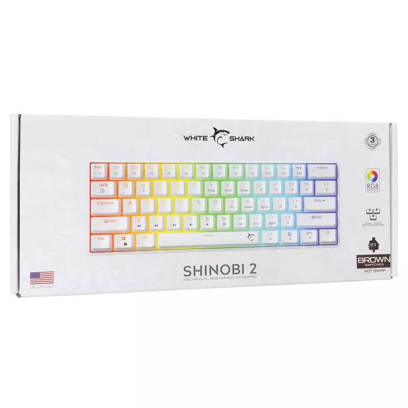 Mechanisch toetsenbord White Shark Shinobi-2 Brown Switch US-indeling — compact ontwerp, Brown-switches