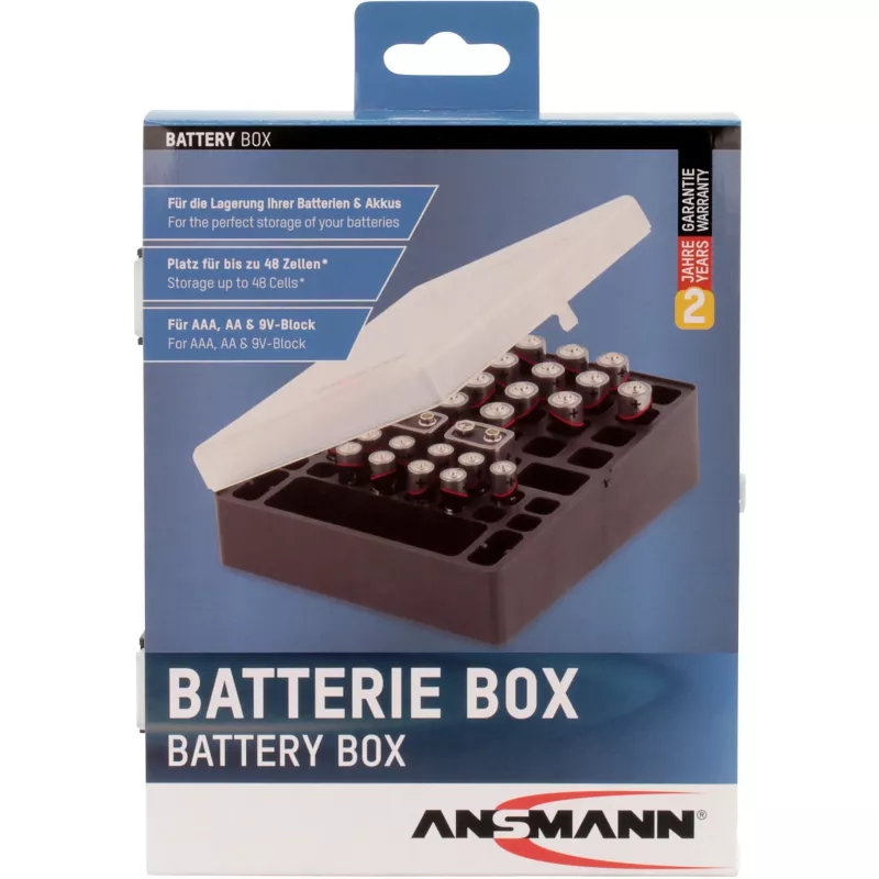 Ansmann Battery Box 48 Batterijbox voor 24x AA, 16x AAA en 4x 9V, Zwart/Transparant