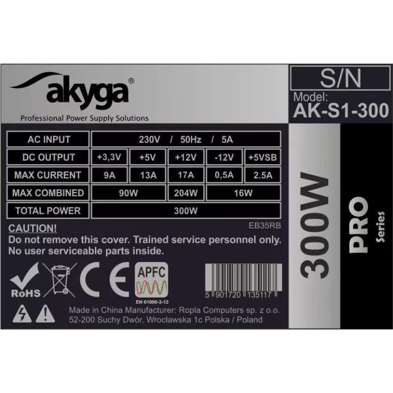 Akyga AK-S1-300 300 W SFX-voeding, passieve PFC, 80mm-ventilator, zwart