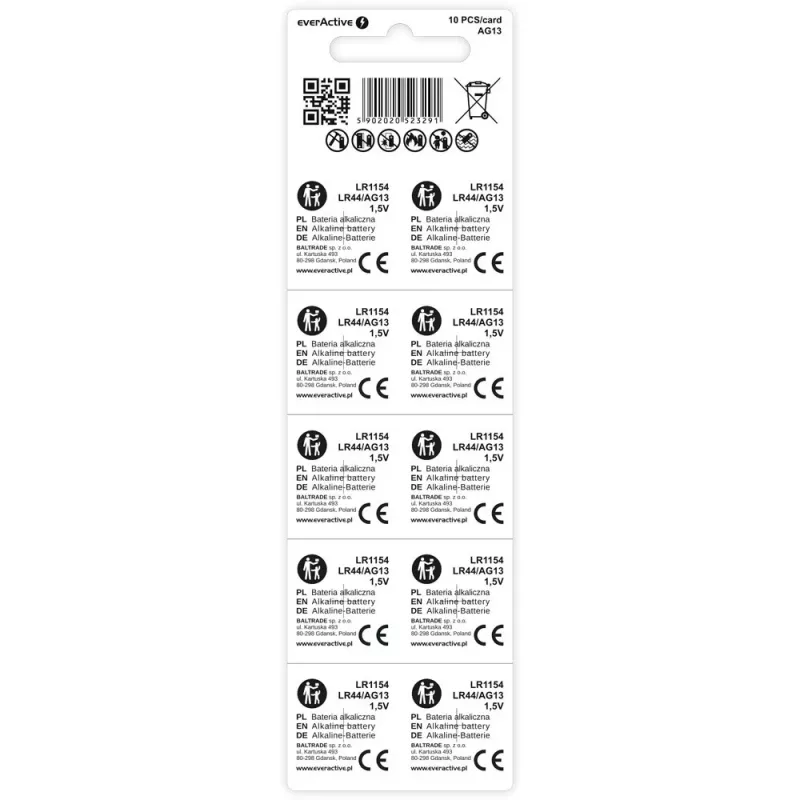 Alkaline knoopcel everActive AG13 (LR44) — 10 stuks verpakking