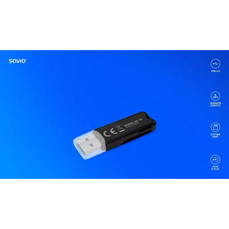 Kaartlezer SAVIO AK-64 USB 3.2 Gen 1 Type-A-uitgang, MicroSD-slot, 5000 Mbit/s, zwart