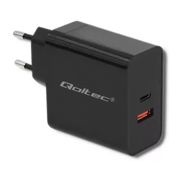 Qoltec 51716 wandlader 63 W, USB-C PD + USB QC 3.0, 5-20 V 1,5-3 A, zwart