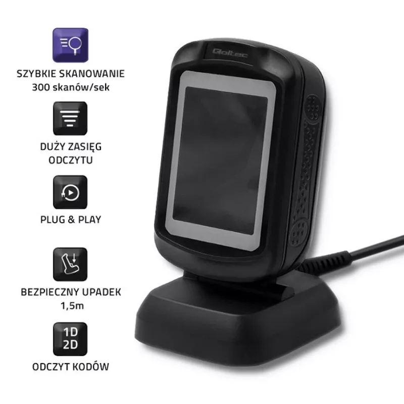 Vaste 1D/2D-barcodescanner QOLTEC 50864, LED-sensor, USB (bekabeld), zwart, 145×85×80 mm
