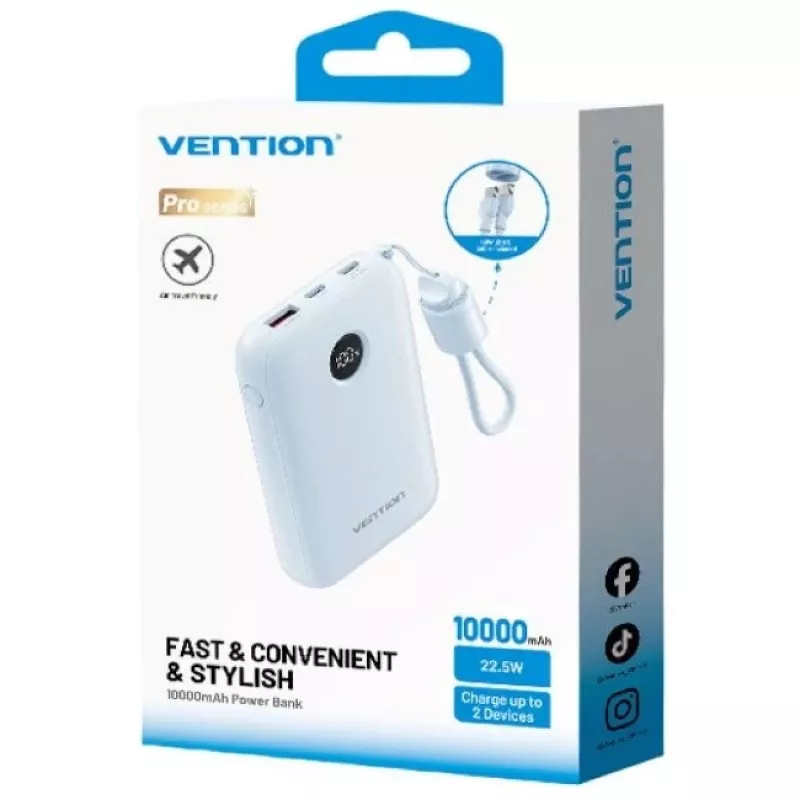 Powerbank Vention 10000mAh 22,5W — 2× USB‑C, 1× USB‑A, blauw