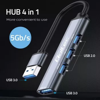 USB-hub QOLTEC 53793 — USB 3.0 ingang, 3× USB 2.0 aansluitingen