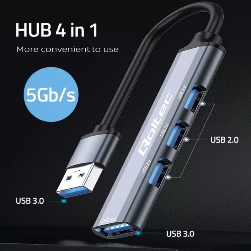 USB-hub QOLTEC 53793 — USB 3.0 ingang, 3× USB 2.0 aansluitingen