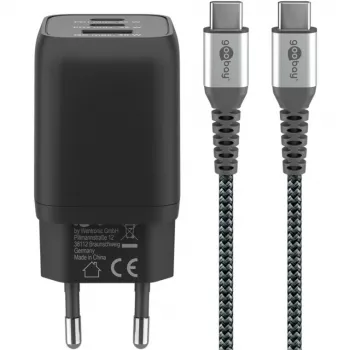 USB-C snellader Nano, PD, GaN, 65 Watt, USB-C gevlochten kabel (zwart, 1x USB-A, 2x USB-C PD, Quick Charge 3.0, 1 meter kabel)