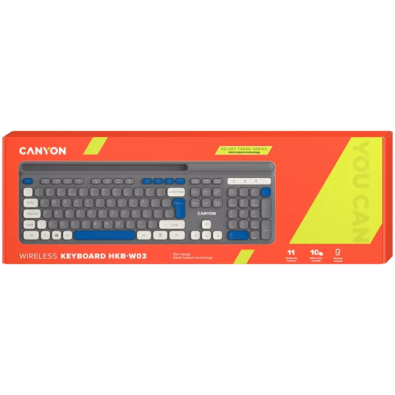Draadloos toetsenbord CANYON HKB-W03 grijs – compact ontwerp, werkt op AAA-batterij, model CNS-HKBW03DG
