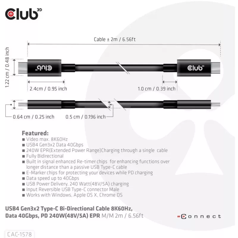 CLUB3D USB4 Gen3x2 Type-C bidirectionele kabel 8K60Hz, data 40Gbps, PD 240W(48V/5A) EPR M/M 2m / 6.56ft