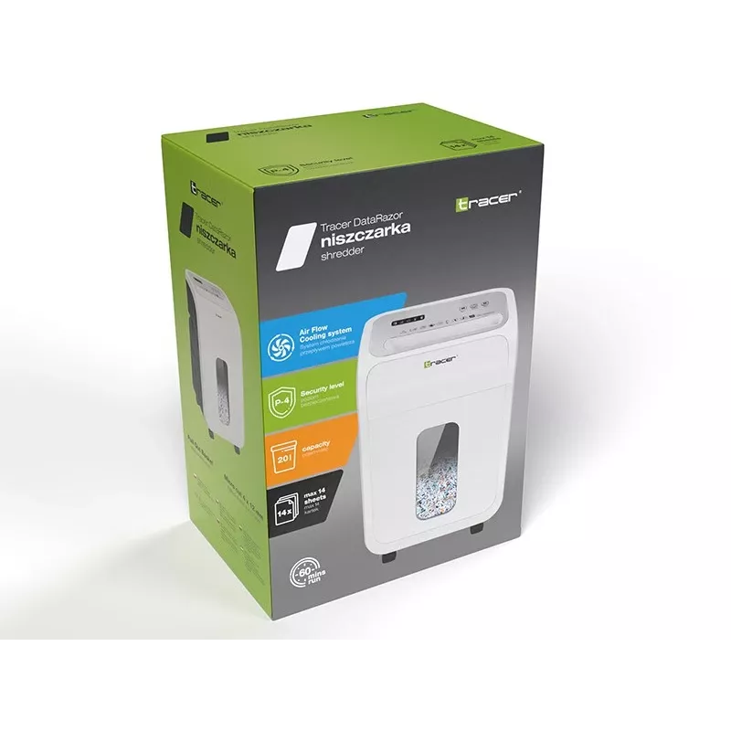 Kantoordocumentenvernietiger TRACER TRANIS47633 wit — 4x12 mm kruissnit, capaciteit 14 vel, opvangbak 20 L