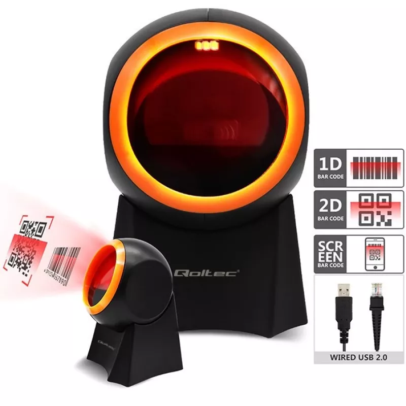 Qoltec 50857 bedrade desktop barcodescanner, 1D/2D, QR, USB, 1,75 m kabel