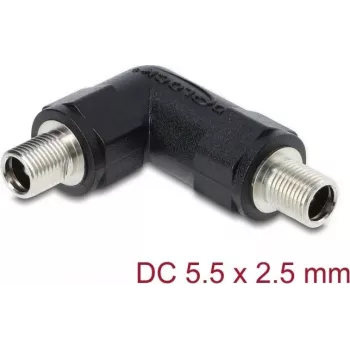 DC-holystekker-adapter DELOCK 5,5 x 2,5 mm bus-naar-bus met schroefhuls, 90° haaks, zwart