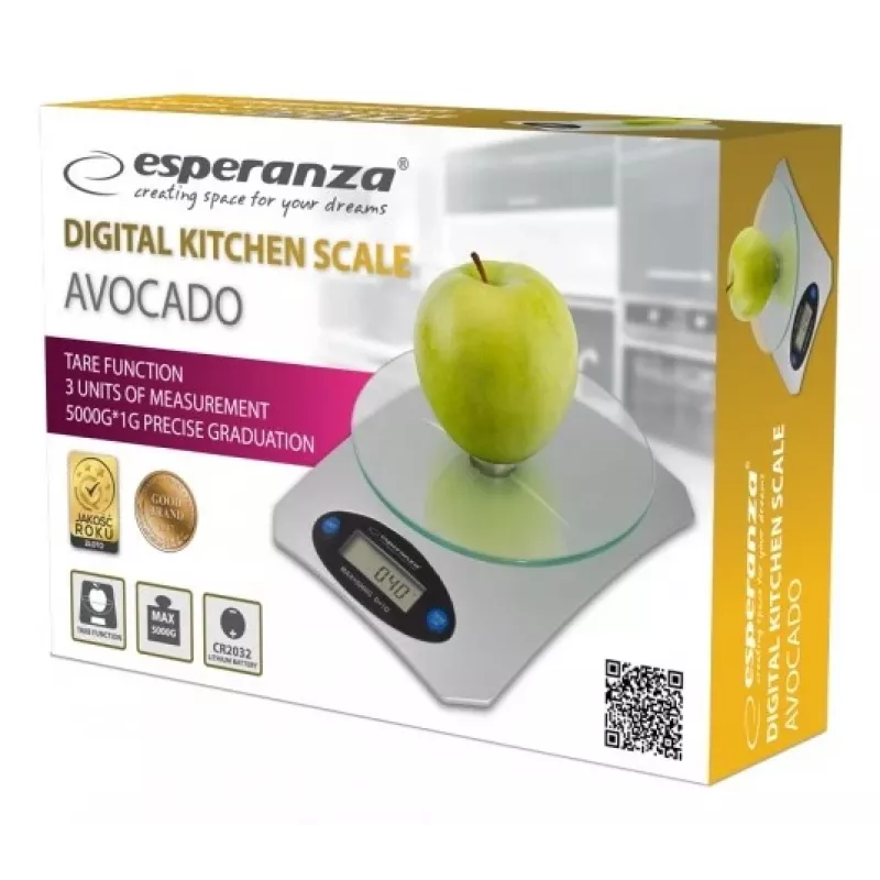 Elektronische keukenweegschaal ESPERANZA Avocado grijs — 5 kg capaciteit, bamboeplatform, eenheden g/lb/oz