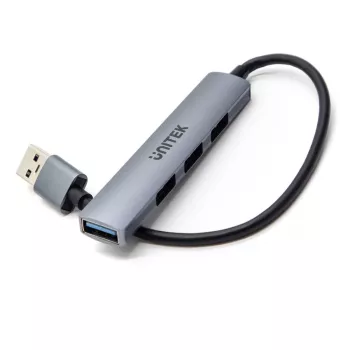 USB-hub Unitek H1208A — 4 poorten (1 × USB 3.2 Gen 1 Type-A, 3 × USB 2.0), aluminium behuizing, grijs, 0,20 m kabel