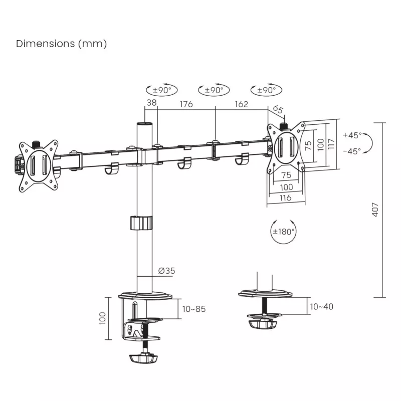 Maclean tafelhouder voor 2 monitoren, VESA 75x75 en 100x100, 17-32, 2x 9kg, MC-754N