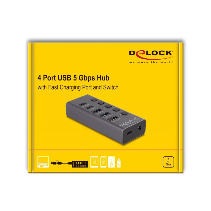 USB hub Delock 64248 5 Gbit/s 2 x Type-A 2 x Type-C 1 snellaadaansluiting