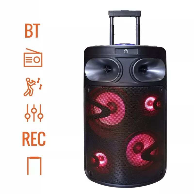 Draagbare Bluetooth-karaokeluidspreker MANTA SPK0803B140 140W, batterijgevoed, MIC/USB/microSD, FM, equalizer, wielen