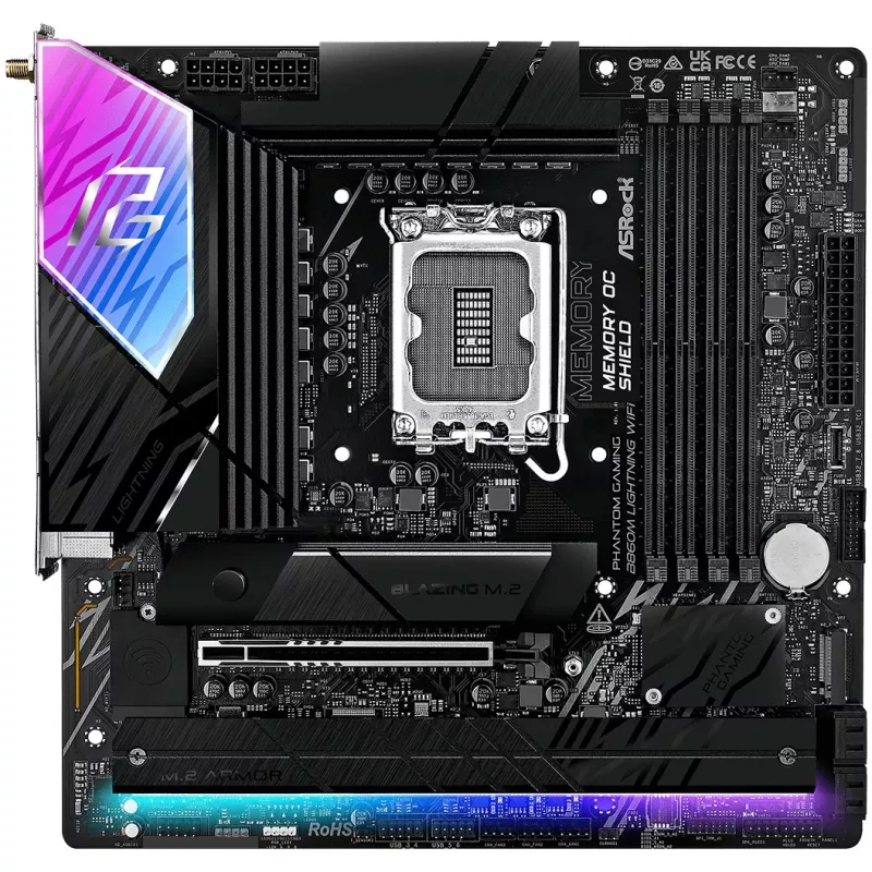 Moederbord ASRock B860M Lightning WiFi — Intel B860, LGA1851, microATX, DDR5, 4 DIMM, Wi‑Fi 6E, 2.5Gb LAN, Thunderbolt 4