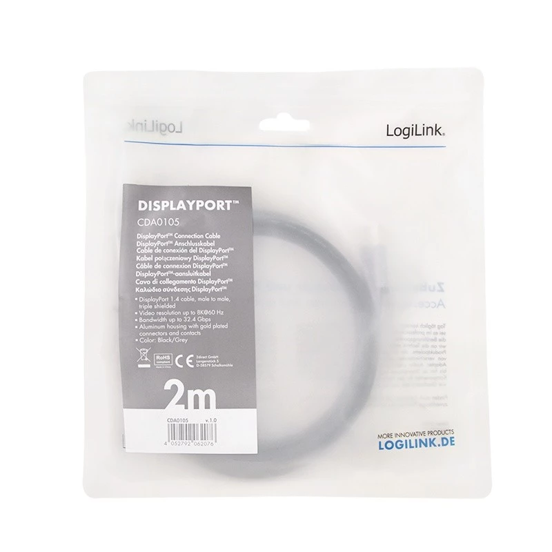 DisplayPort-kabel LogiLink CDA0105 2 m zwart grijs