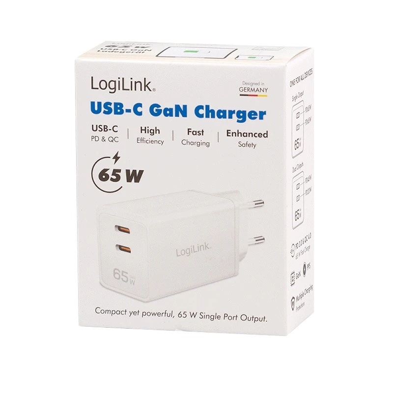 Dubbele USB-stopcontactadapter 65W, 2xUSB-C, wit